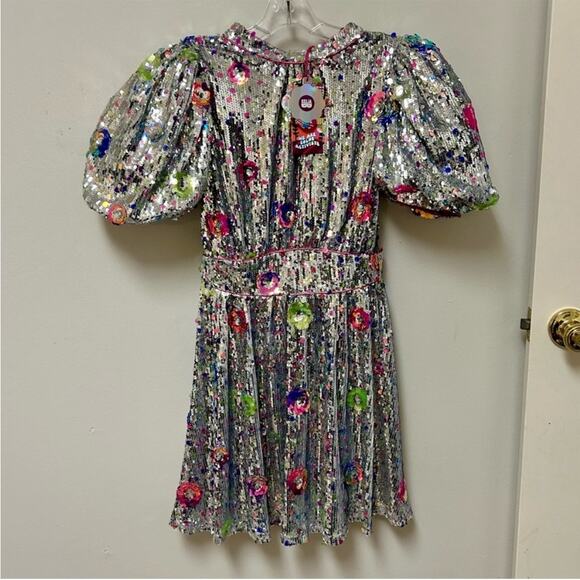CeliaB Wonderer Silver Sequins Floral Statement Puff Sleeves Mini Dress NEW XXS - Picture 2 of 14